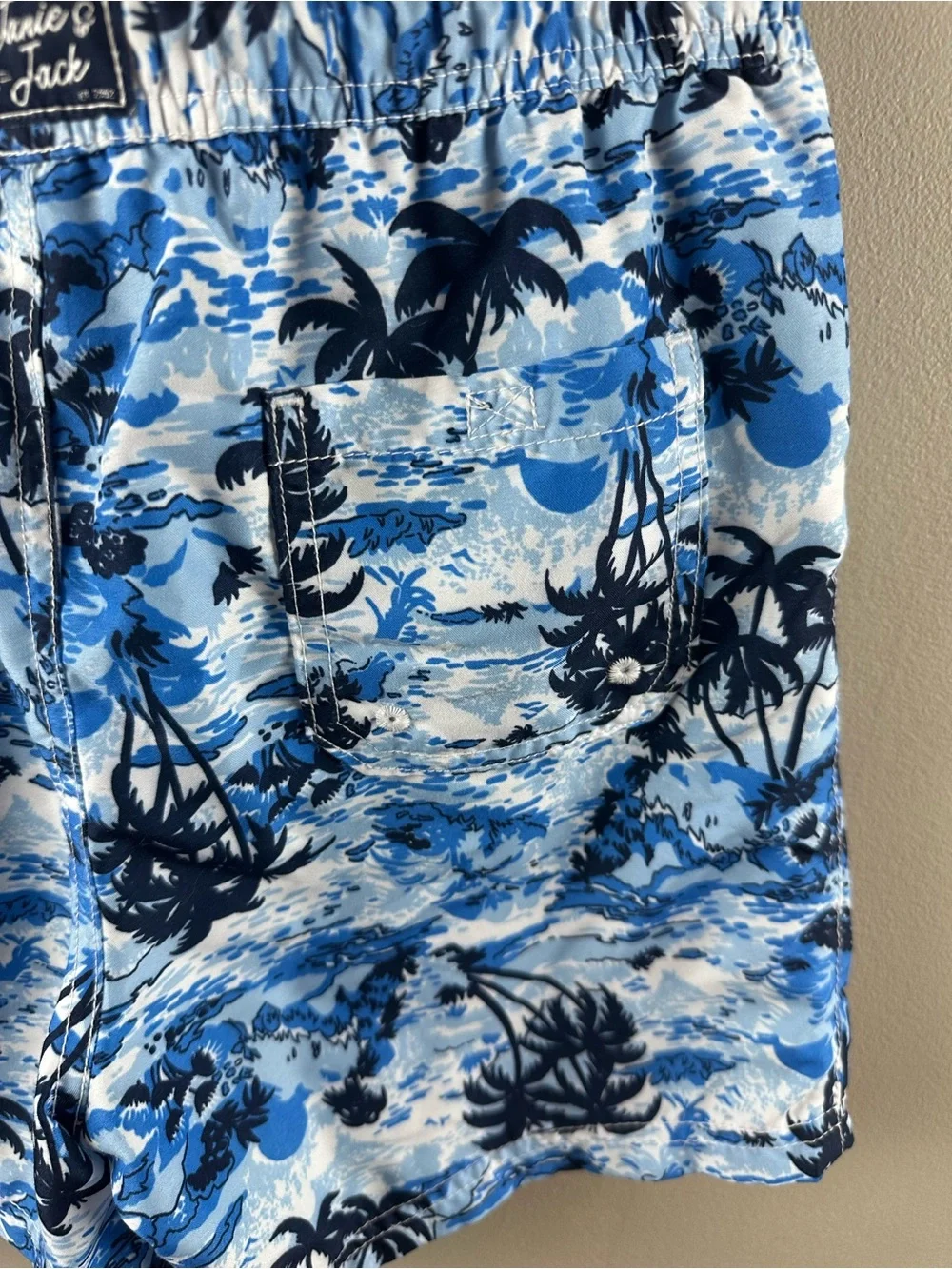 Janie and Jack Blue and Navy Tropical Print Swim Trunks